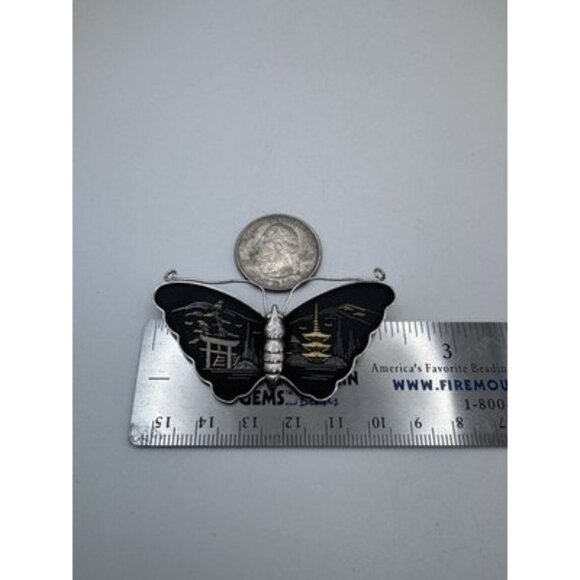Vintage Amita Japanese Damascene Butterfly Pagoda Scene Sterling Silver Brooch - Picture 6 of 7